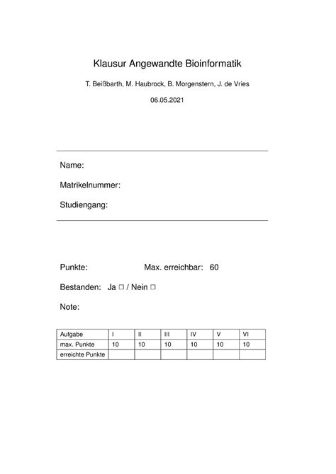 Klausur Bioinfo Klausur Angewandte Bioinformatik T Bei Barth M