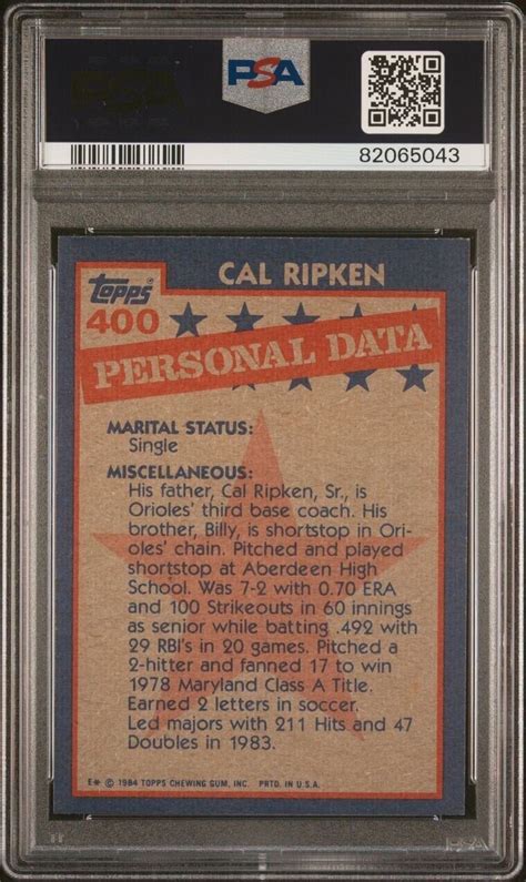 1984 Topps Cal Ripken Jr Baseball Card 400 PSA 8 NM MT EBay