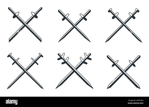 Sword Crossed Heraldry Cartoon Flat Icon Set Weapon Medieval Isolated Sharp Old Military Sign