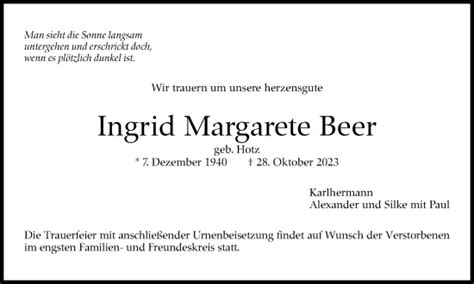 Traueranzeigen Von Ingrid Margarete Beer Stuttgart Gedenkt De