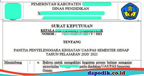 Contoh Surat Keputusan (SK) Panitia Penyelenggara Kegiatan UAS/PAS ...