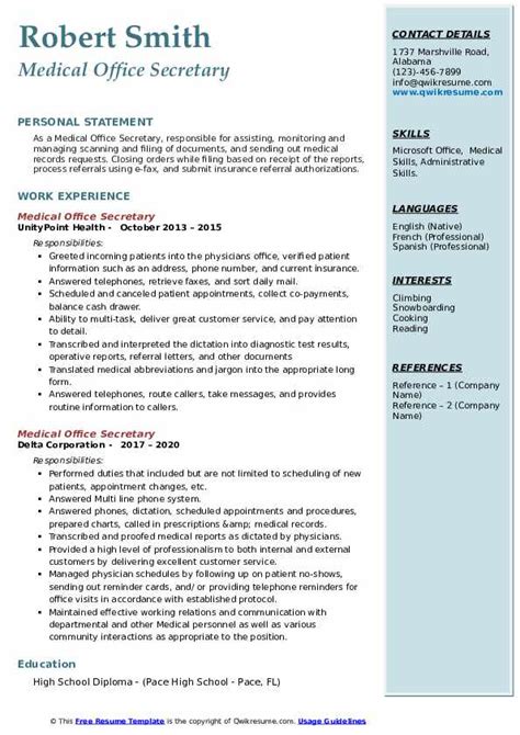 Medical Office Secretary Resume Samples Qwikresume