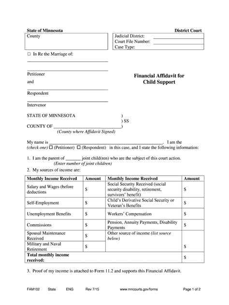 Fillable Online Mncourts Financial Affidavit For Minnesota Judicial