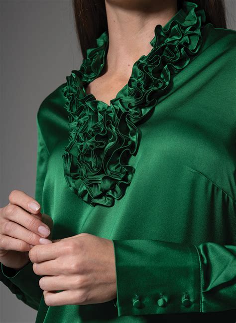 constance ruffle collar silk satin evening blouse  emerald green