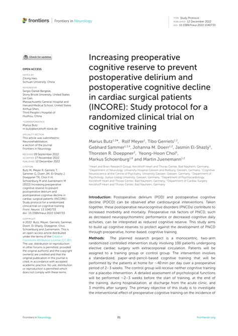 Pdf Increasing Preoperative Cognitive Reserve To Prevent Postoperative Delirium And