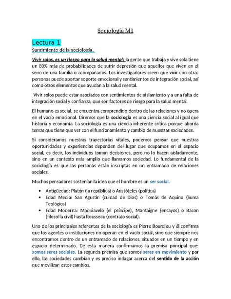 Resumen M1 Sociología Sociología M Lectura 1 Surgimiento de la