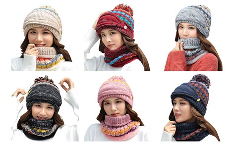 Womens Fleece Lined Beanie Winter Hat Scarf Mask Set With Pompom Knit