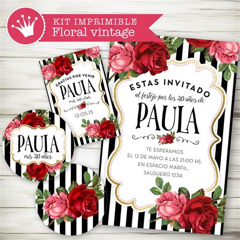 Kit Imprimible Personalizado Floral Vintage Rayado Tarjeta De Cumple