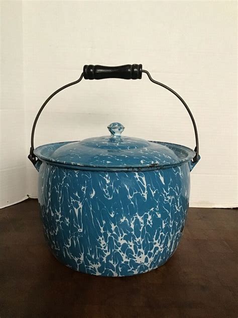 Blue Cobalt Swirl Graniteware Enamelware Covered Pot Enamelware