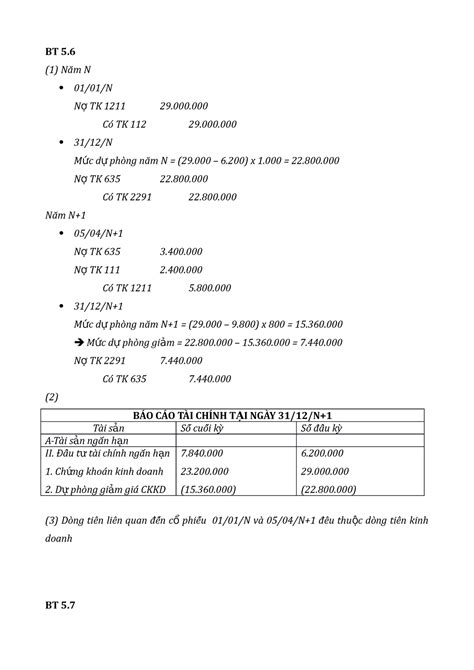 KTTC BAI TAP Chuong 5 Bài tập BT 5 1 Năm N 01 01 N N ợ TK 1211