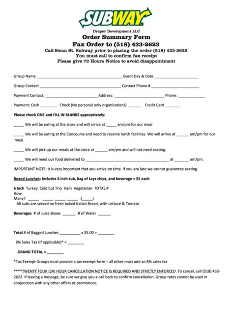 Top 14 Subway Order Form Templates Free To Download In Pdf Format