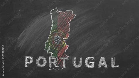 Map Of Portugal With Name And Flag Inside Drawn In Chalk On A