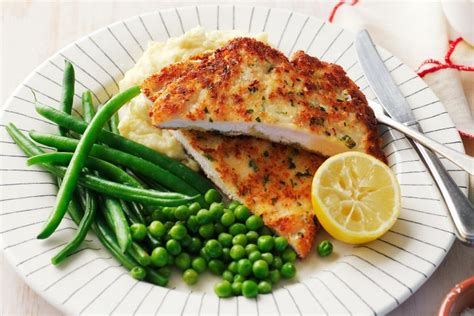 Chicken Schnitzel With Cheesy Mash Beans And Peas