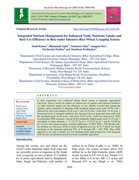 Pdf Integrated Nutrient Management For Enhanced Yield Nutrients Uptake And Their Use