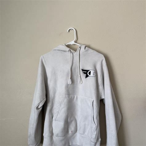 Champion Mens White And Black Hoodie Depop