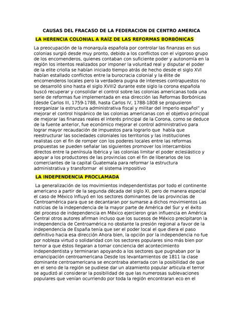 Causas Del Fracaso De La Federacion De Centro America Causas Del