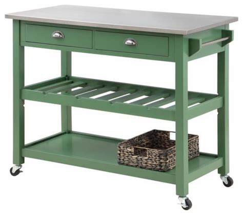 Contemporary Kitchen Cart Slatted Shelf And 2 Drawers With Silver Pulls