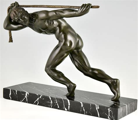 Maurice Guiraud Riviere Art Deco Sculpture Of Male Nude Athlete With Rope Bronze