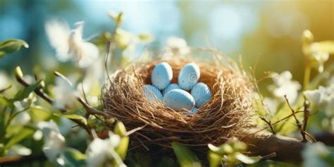 Un Nido De Pájaro Con Huevos Azules En Una Rama En El Aire De Primavera