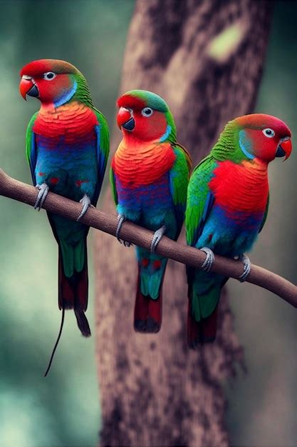 Tres pájaros de colores brillantes posados en una rama generativa ai