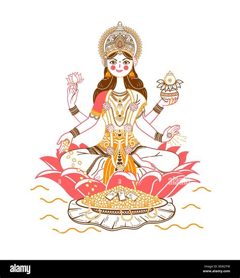 Illustration with hindu godess Laxmi or lakshmi. Icon in a linear style ...