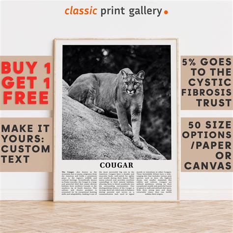 Cougar Print, Cougar Wall Art Poster, Black White Classroom Teacher ...