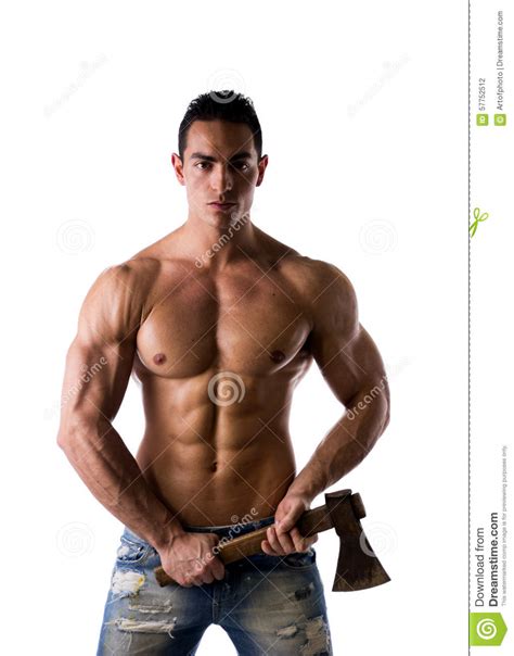 Modelo Masculino Muscular Descamisado Con El Hacha Foto De Archivo