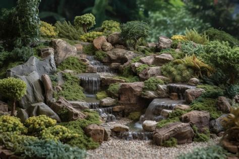 Premium AI Image | A small waterfall in a garden with moss on the rocks.