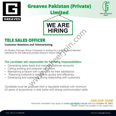 Greaves Pakistan Pvt Ltd Jobs Telesales Officer