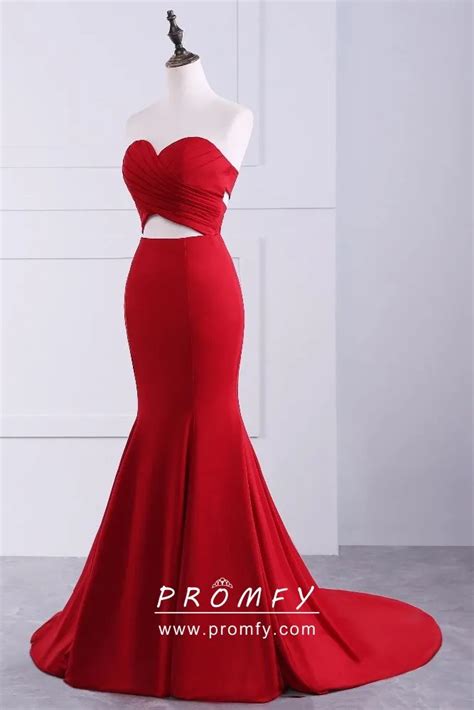 Cut Out Waist Strapless Red Satin Mermaid Dress Promfy