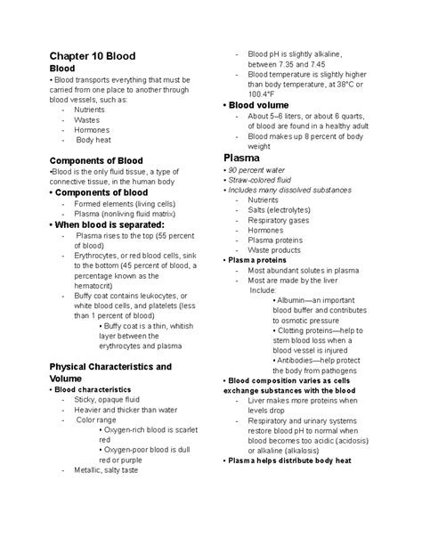 Chapter 10 Blood - Comprehensive Study Notes on Blood Composition and