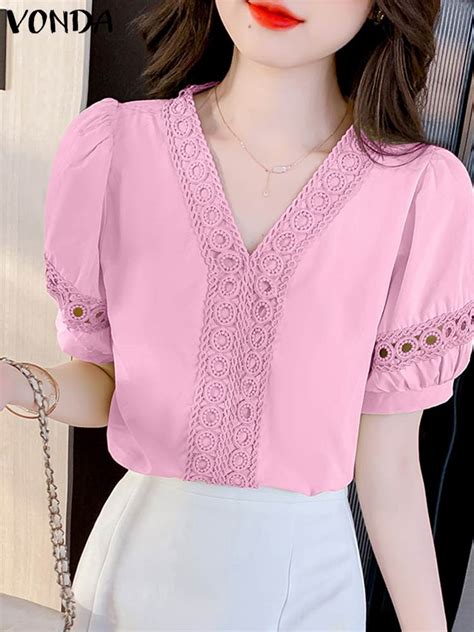 Elegant Blouses 2023 Vonda Women Summer Sexy Hollow Out V Neck Lace