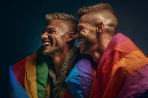 Foto Expresiva Del Orgullo De Una Pareja Gay Con La Bandera Del Arco Iris Fondo De Pantalla Del