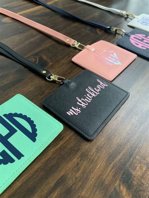 Monogrammed Lanyard With Id Holder Horizontal Faux Leather Etsy