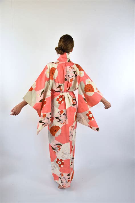 Japanese Antique Kimono Hanami With Silk Obijime Belt Pink Sexy