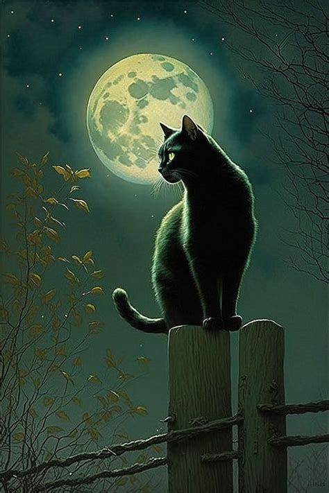 a black cat sitting on top of a wooden fence in front of a full moon