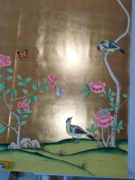 Magnolia Chinoiserie Panels Hand Painted Wallpaper On Gold Metallic For