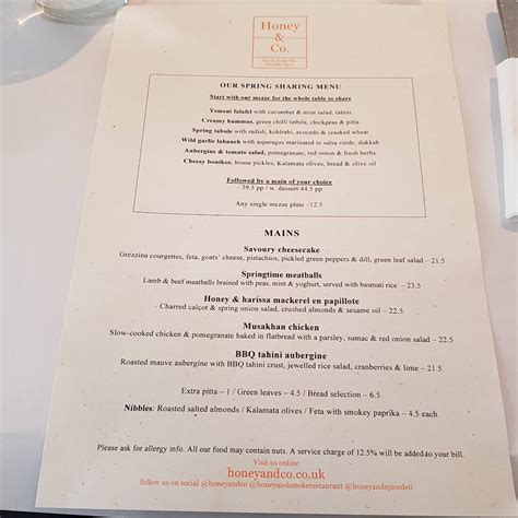 Menu at Honey & Co. Bloomsbury restaurant, London