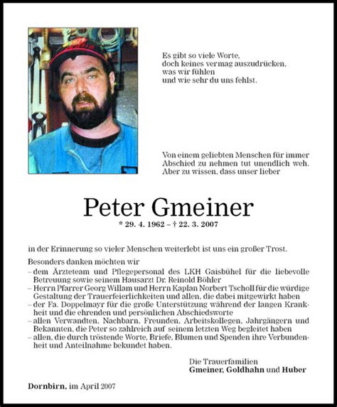 Todesanzeigen Von Peter Gmeiner Todesanzeigen Vorarlberger Nachrichten