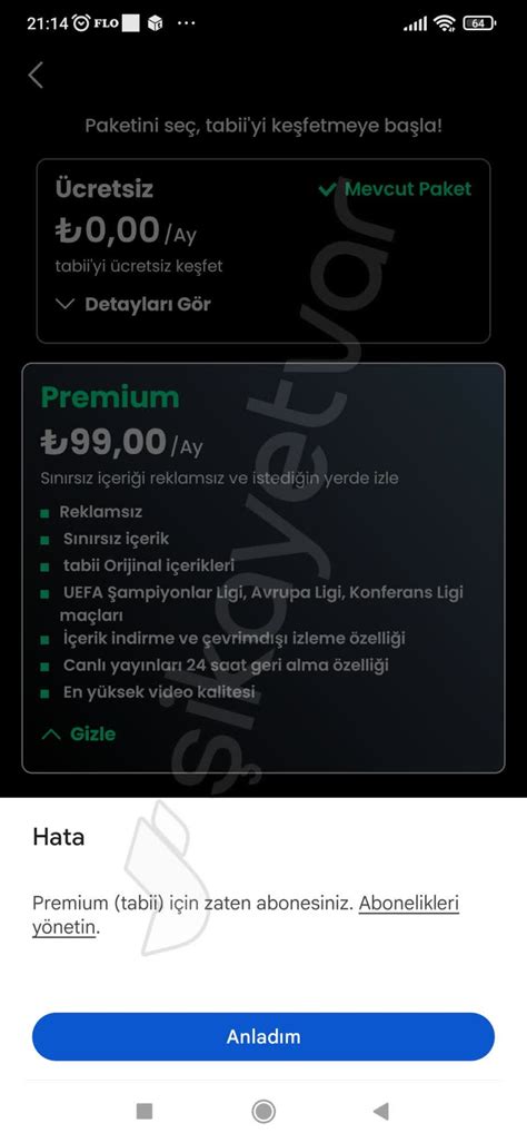 Tabii Premium Abonelik Sorunu Ve Müşteri Hizmetleri Eksikliği Şikayetvar