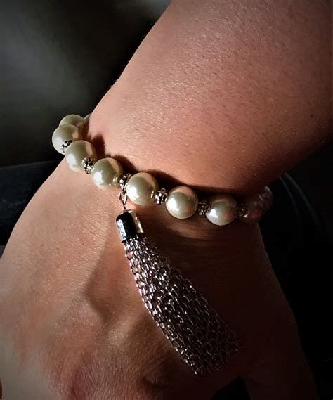 Faux Pearl Beaded Bracelet With Silver Tassel Charm