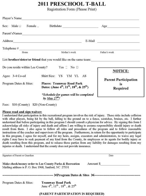 Lee County Government T Ball Registration Form