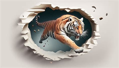 An Angry Tiger Jumps Out Of A Hole In The Wall Ai Generated Stock