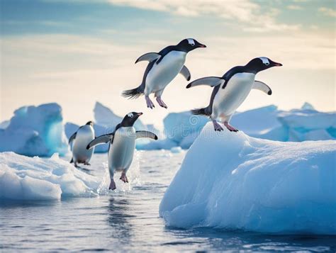 Ai Generated Illustration Wildlife Concept Of Adelie Penguins Jumping