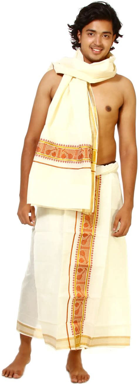 Ivory Veshti Set From Kerala With Golden Thread Weave And Woven Tabla