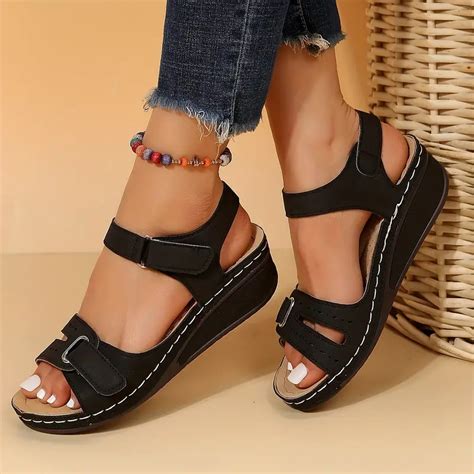 Womens Retro Wedge Sandals Open Toe Hook Loop Strap Non Temu