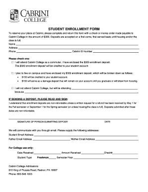 Fillable Online Cabrini Student Enrollment Form Cabrini College