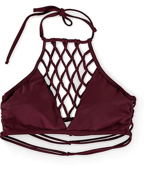 Damsel Swim High Neck Burgundy Macrame Bikini Top Zumiez