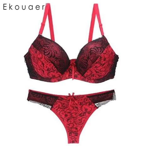 Ekouaer Sexy Women Bra Set Intimates Lingerie Lace Push Up Underwear