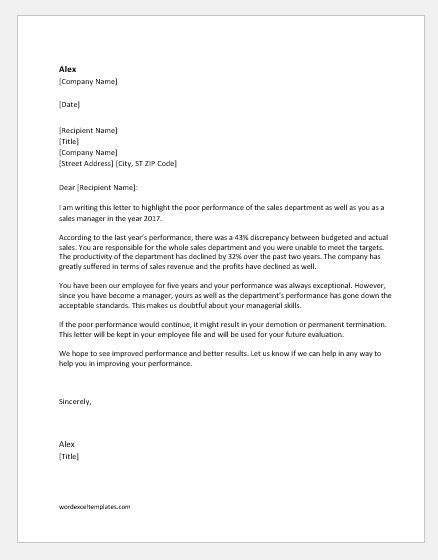 Letter Of Concern For Poor Performance Collection Letter Template